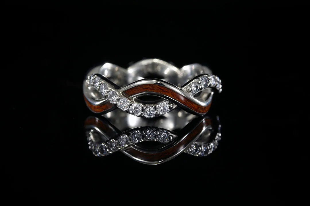 14K WHITE GOLD HAWAIIAN KOA AND DIAMOND INTERLACED RING