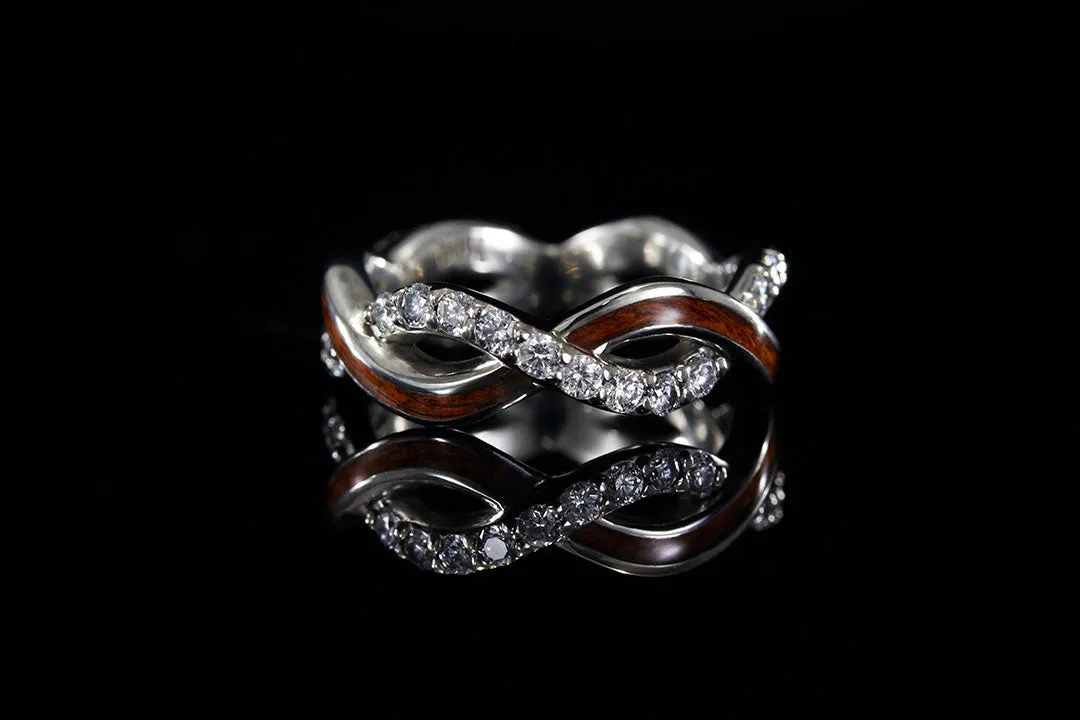 14K WHITE GOLD HAWAIIAN KOA AND DIAMOND INTERLACED RING