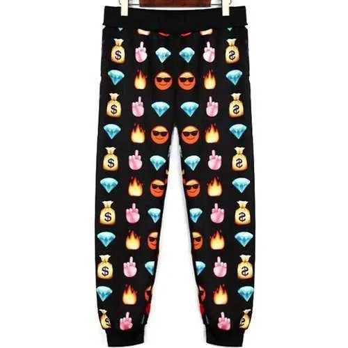 Active Mid Waist Smilling Face Pattern Diamond and Fire Print Women's Pants - Black M