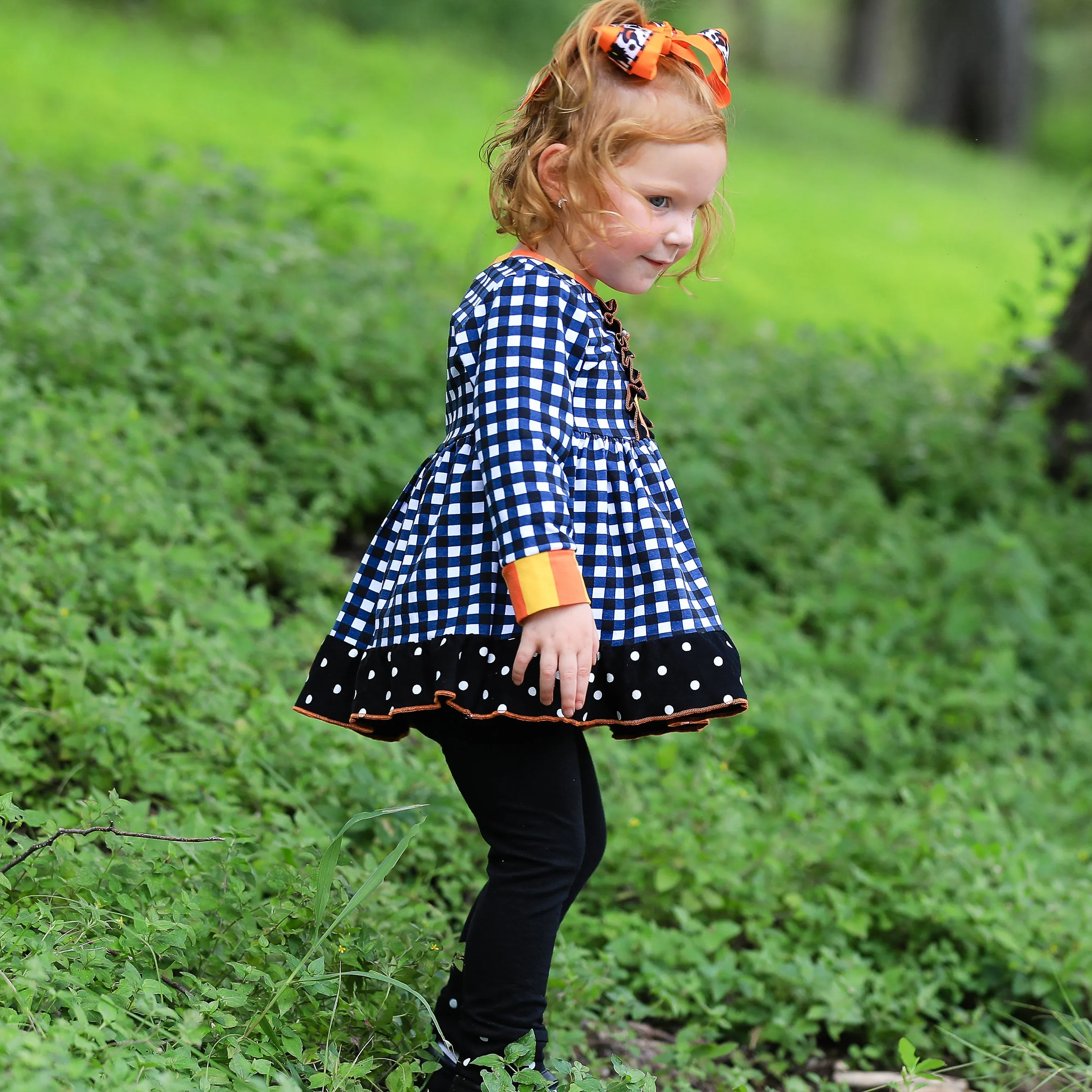 AnnLoren Girls Autumn Black and White Gingham Dress & Leggings Outfit