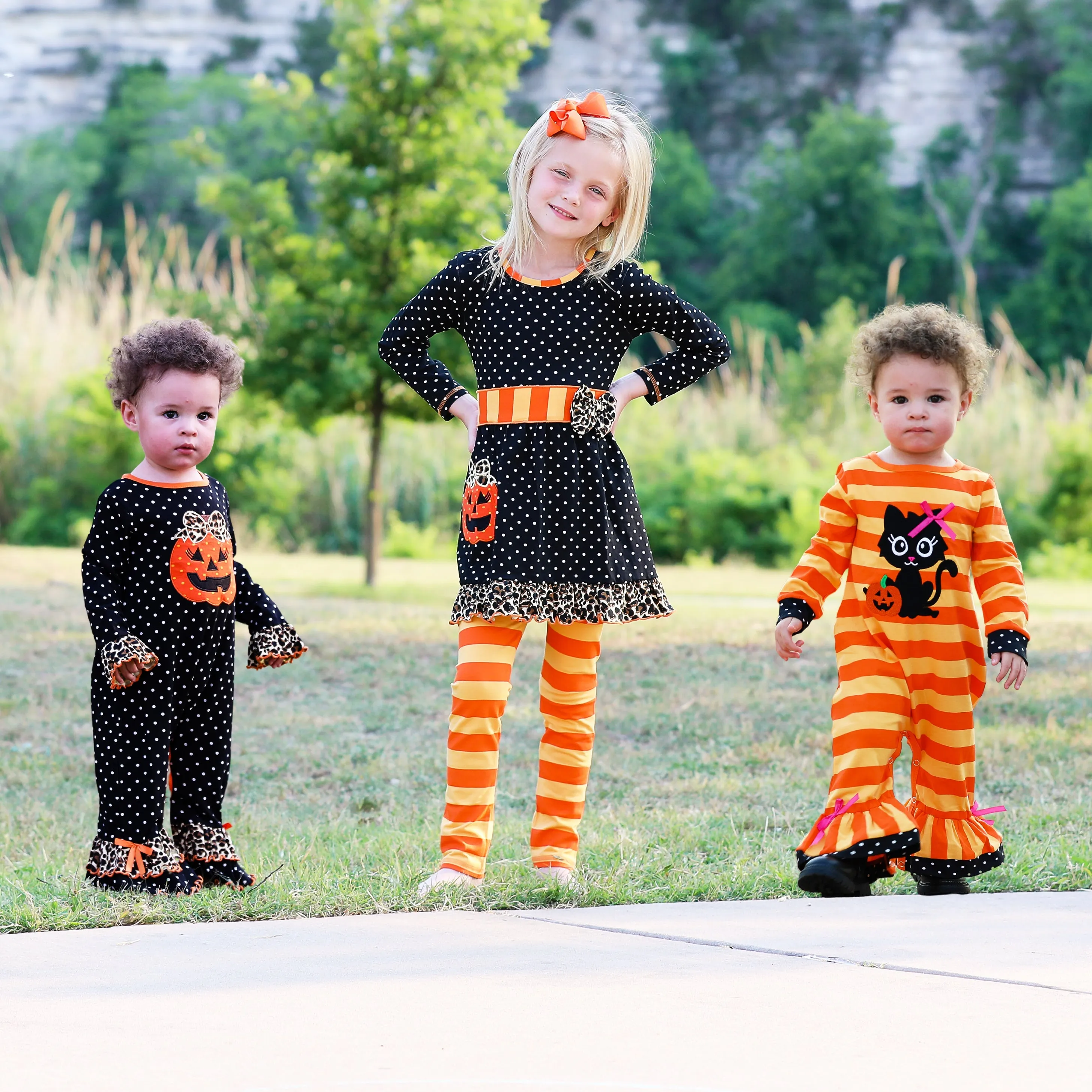 AnnLoren Girls' Halloween Orange Pumpkin Polka Dot Dress & Leggings Outfit