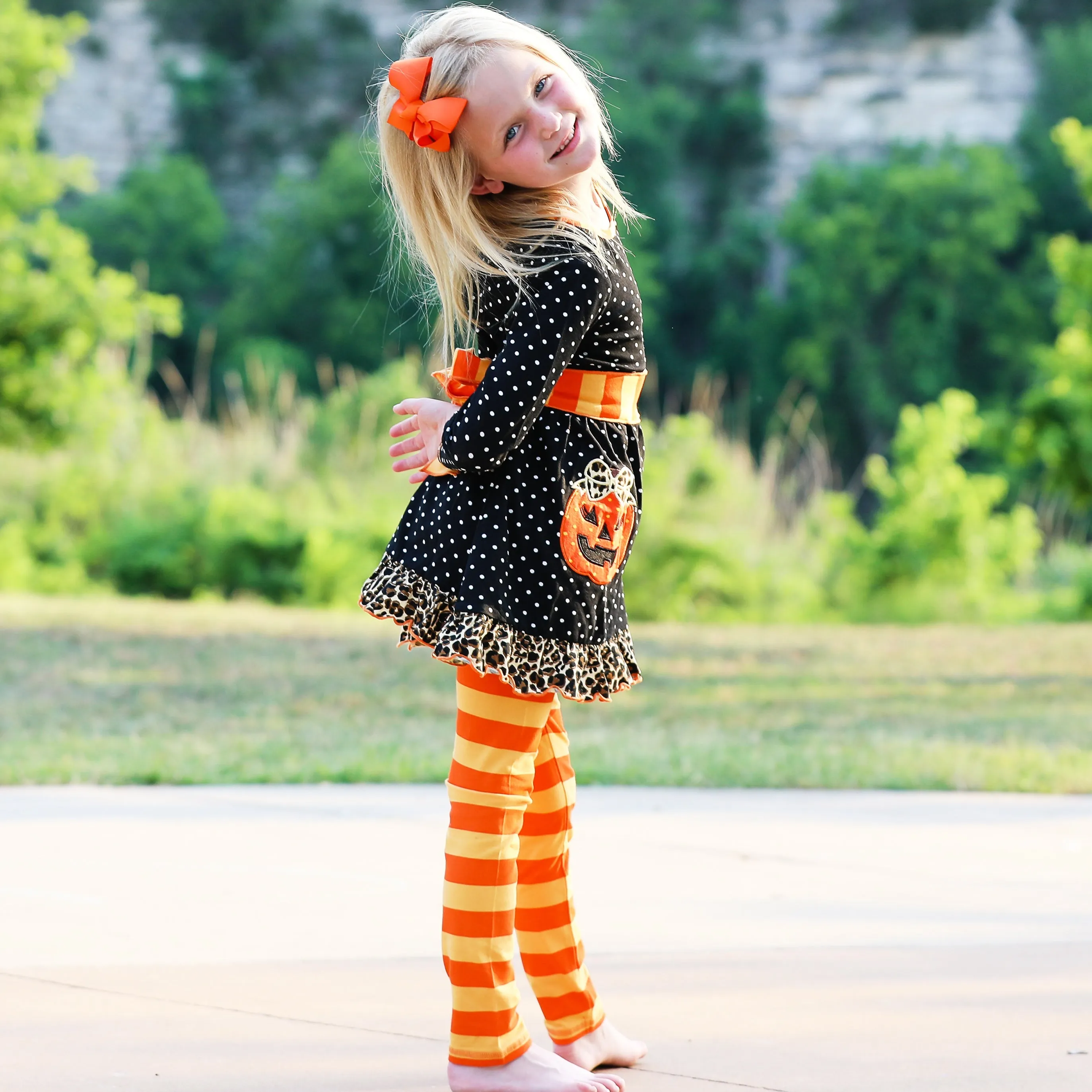 AnnLoren Girls' Halloween Orange Pumpkin Polka Dot Dress & Leggings Outfit