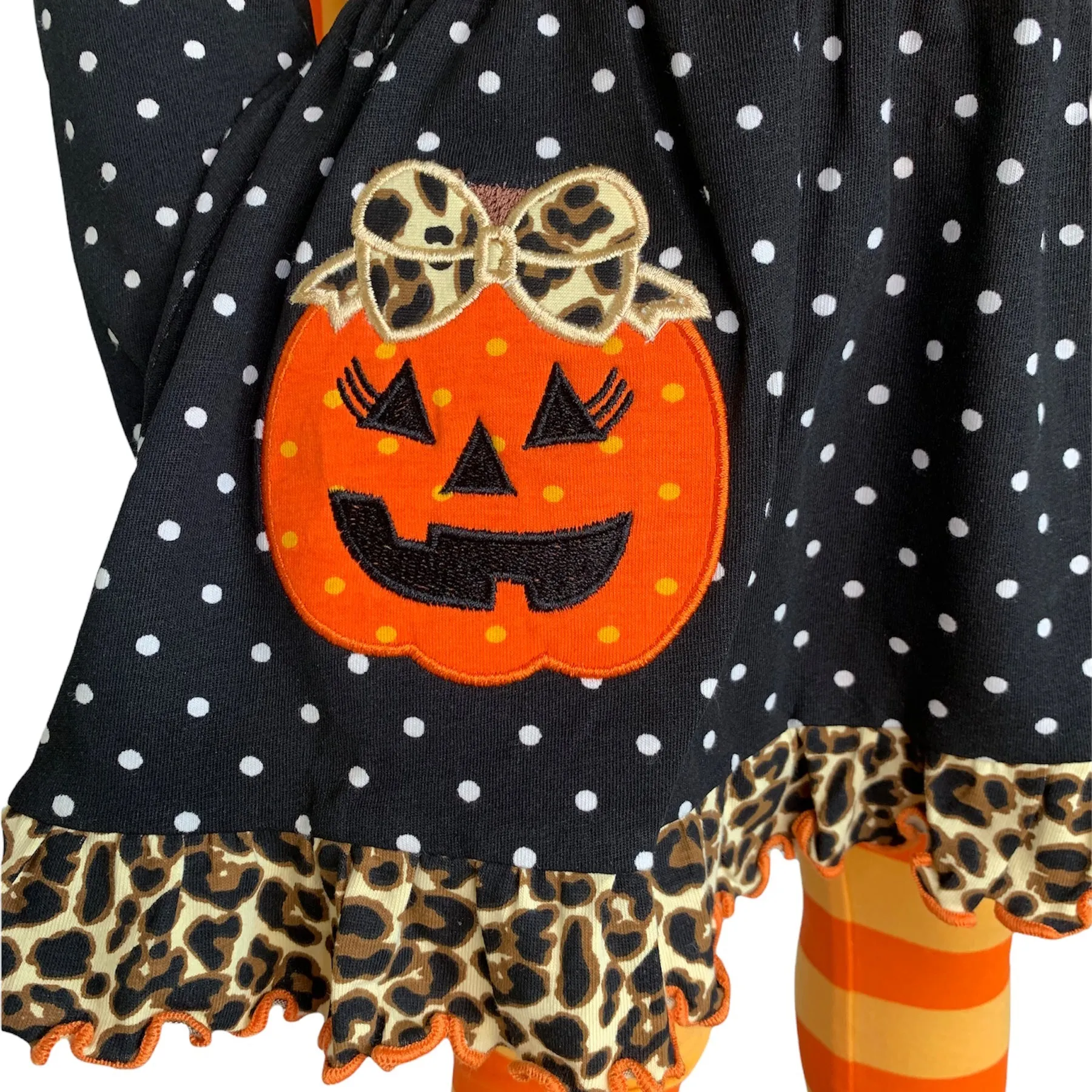 AnnLoren Girls' Halloween Orange Pumpkin Polka Dot Dress & Leggings Outfit