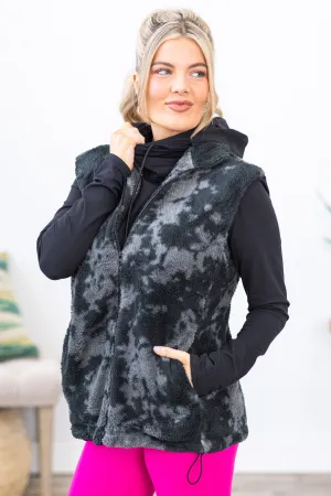 Black and Grey Abstract Print Sherpa Vest