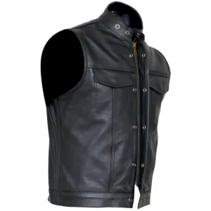 Black Cut Off Gilet Cowhide Leather Mens Waistcoat Vest Sons of Anarchy