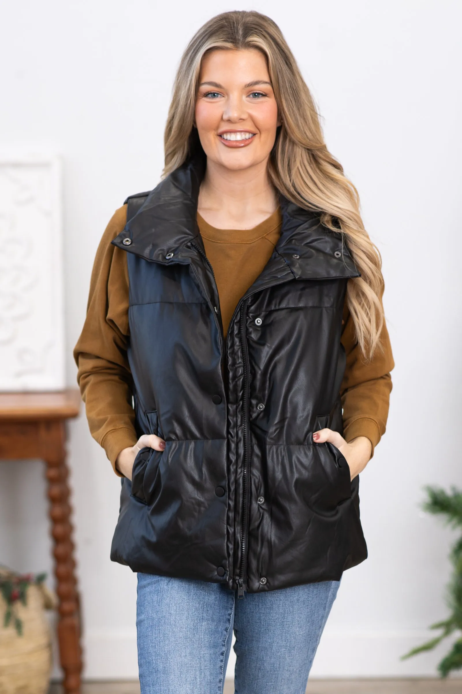 Black Faux Leather Vest With Pockets