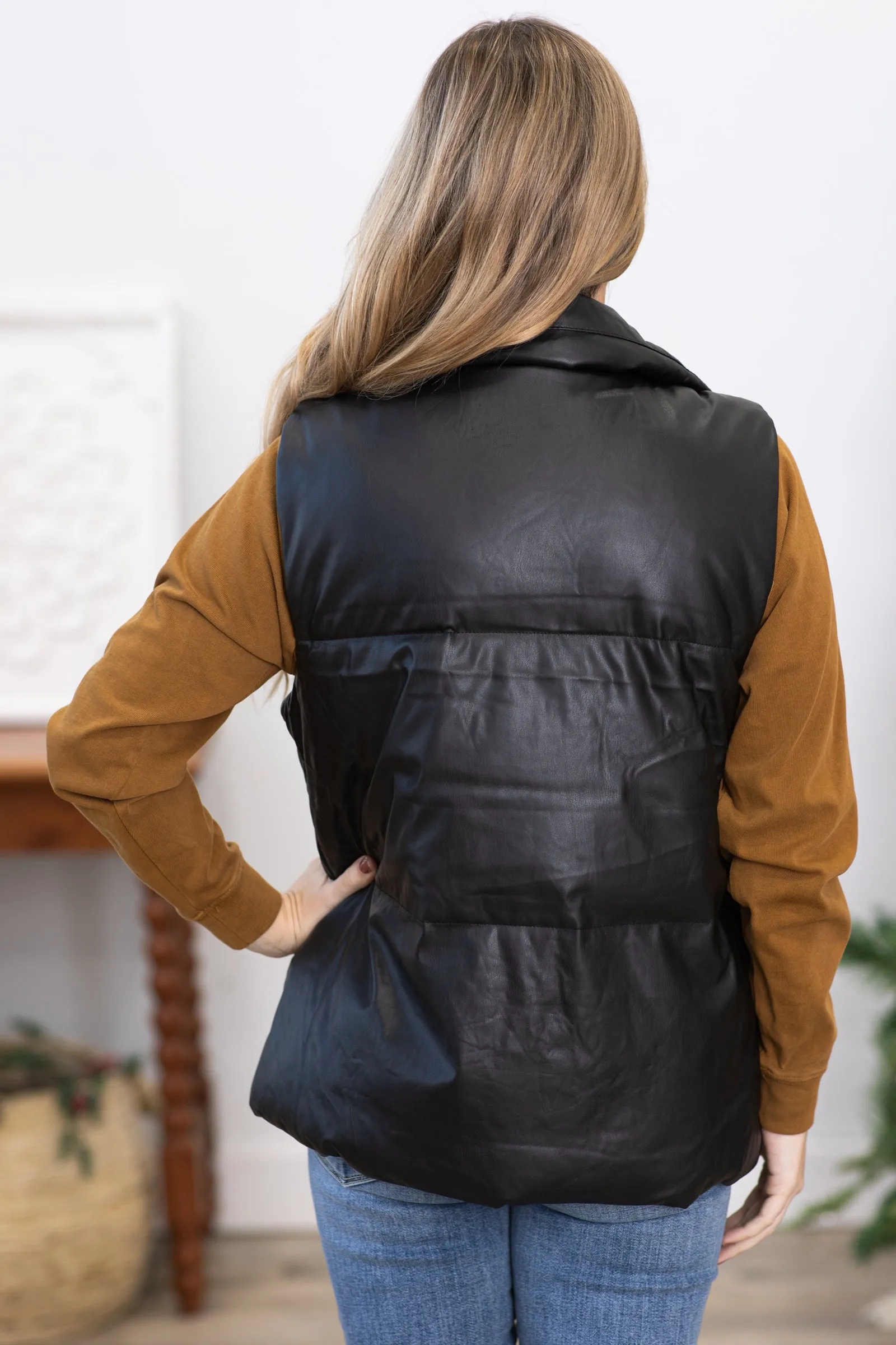 Black Faux Leather Vest With Pockets