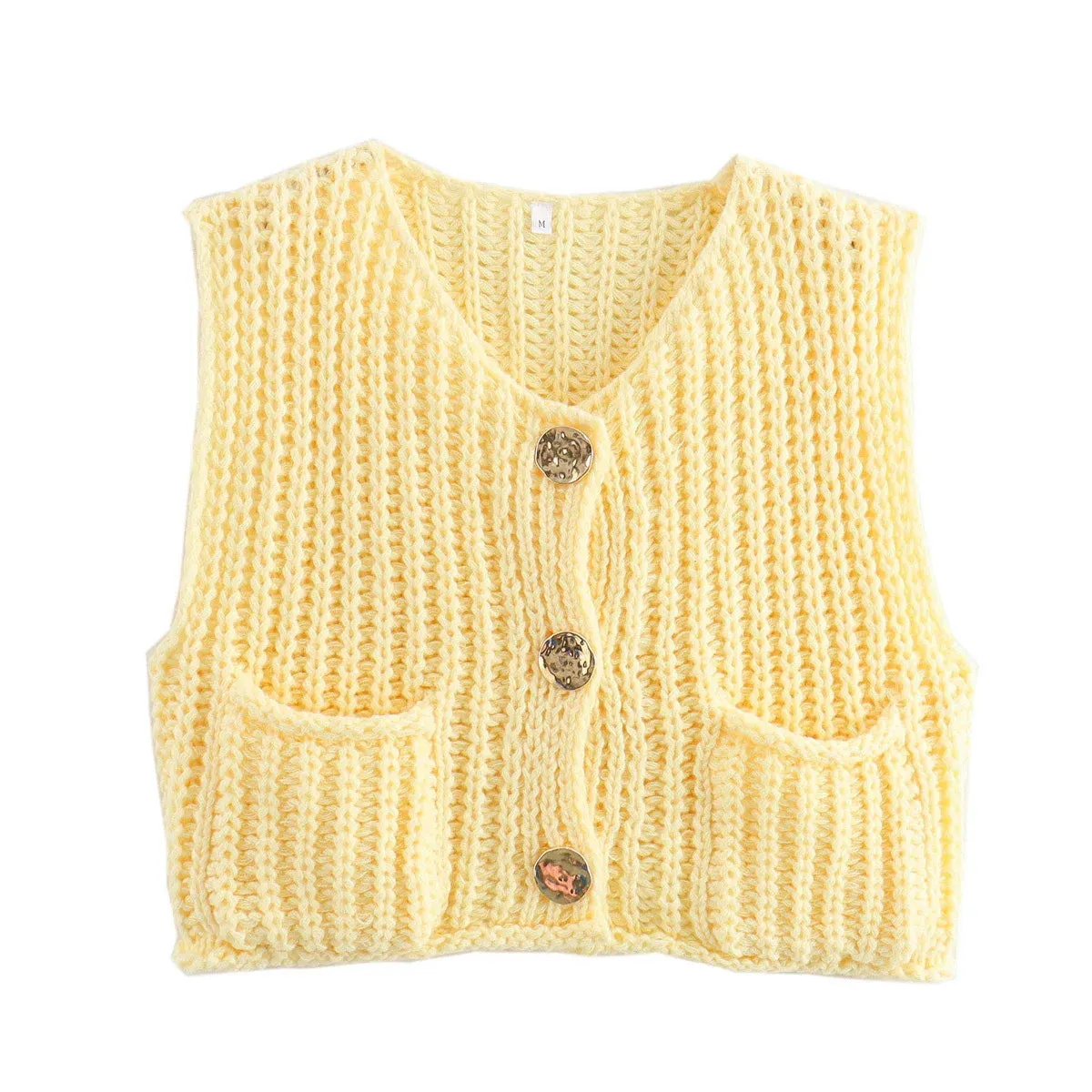 Black Friday JazzHer Fashion Sleeveless Knitted Cardigan Vests For Women Autumn New Short Sweater Button With Pockets Solid Color Knitted Top