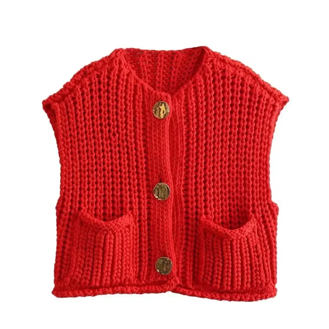 Black Friday JazzHer Fashion Sleeveless Knitted Cardigan Vests For Women Autumn New Short Sweater Button With Pockets Solid Color Knitted Top