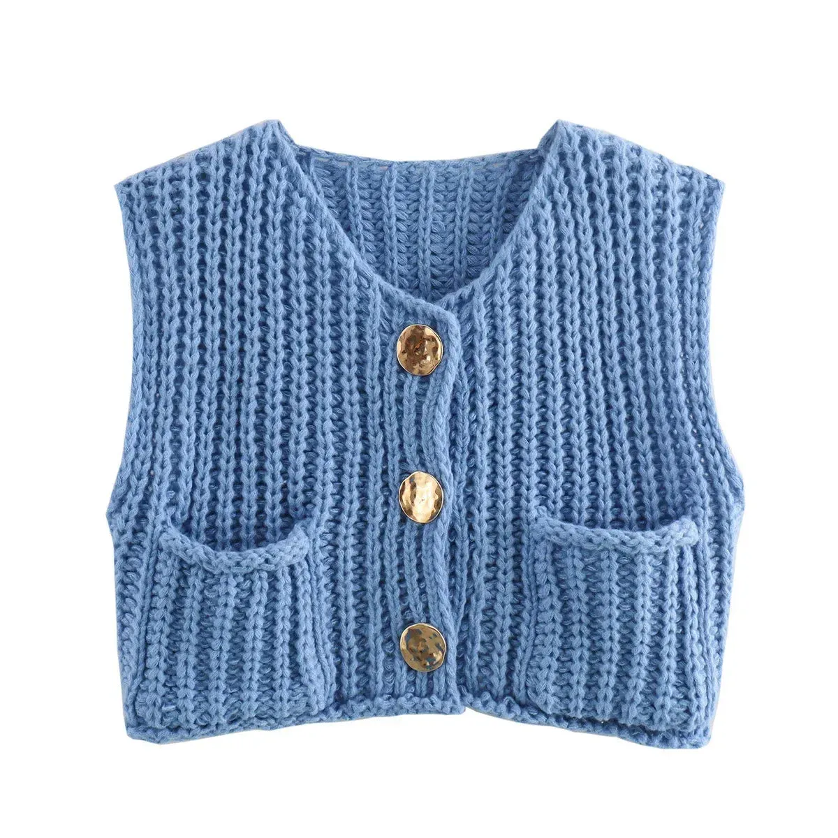 Black Friday JazzHer Fashion Sleeveless Knitted Cardigan Vests For Women Autumn New Short Sweater Button With Pockets Solid Color Knitted Top