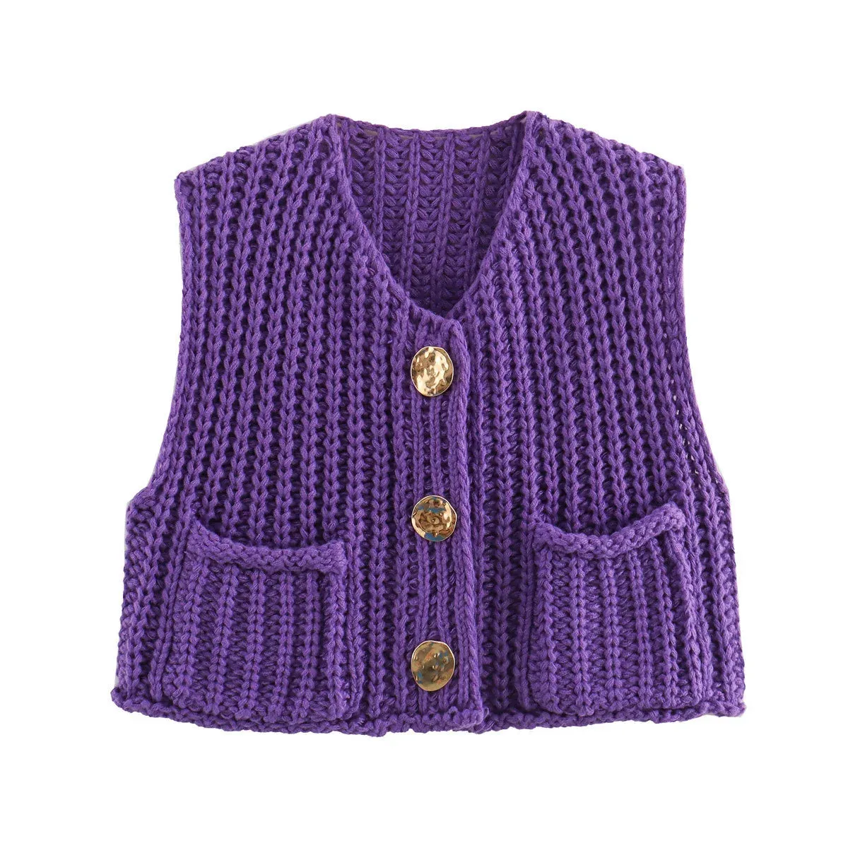 Black Friday JazzHer Fashion Sleeveless Knitted Cardigan Vests For Women Autumn New Short Sweater Button With Pockets Solid Color Knitted Top