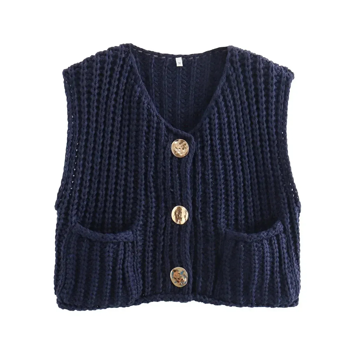 Black Friday JazzHer Fashion Sleeveless Knitted Cardigan Vests For Women Autumn New Short Sweater Button With Pockets Solid Color Knitted Top