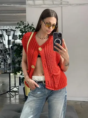 Black Friday JazzHer Fashion Sleeveless Knitted Cardigan Vests For Women Autumn New Short Sweater Button With Pockets Solid Color Knitted Top