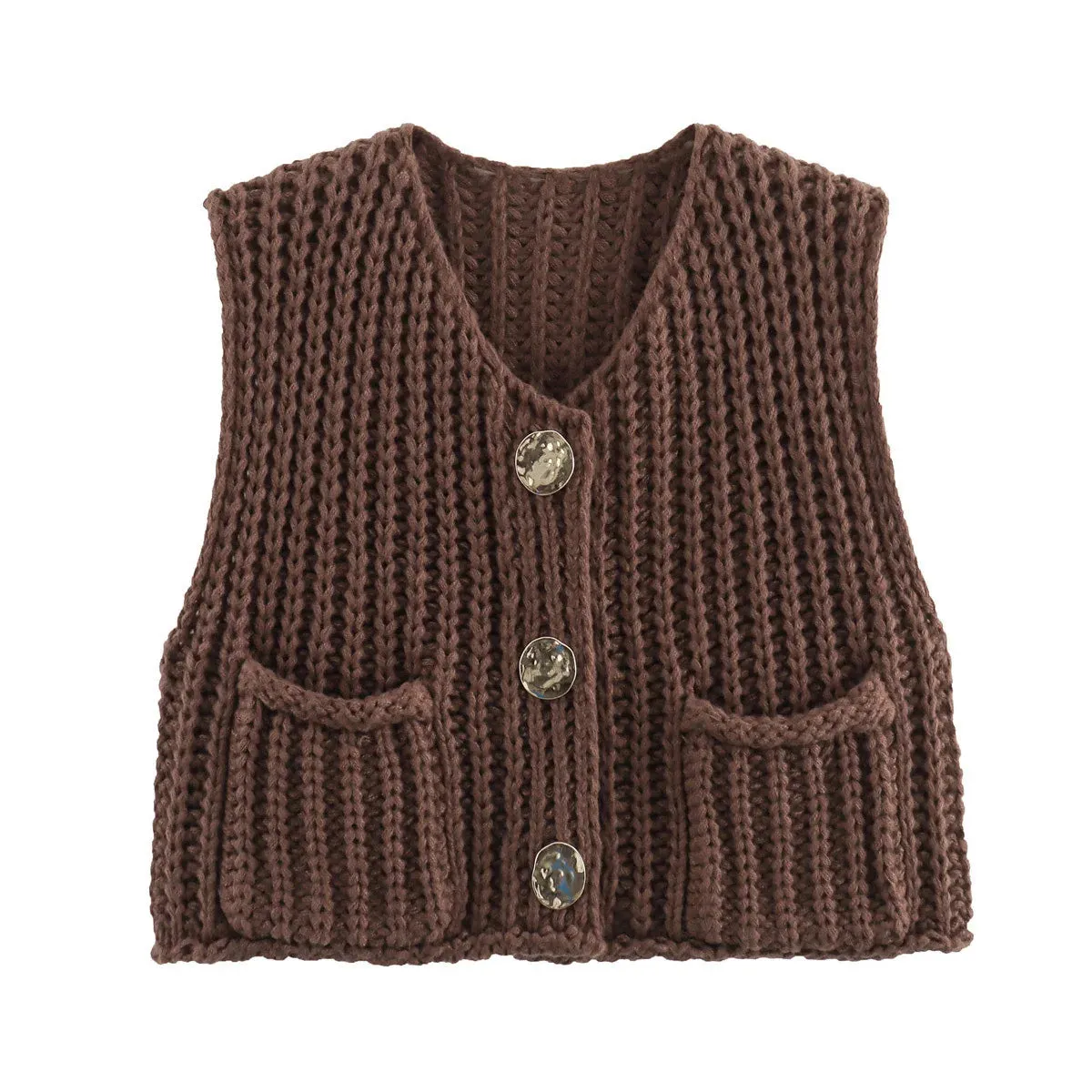 Black Friday JazzHer Fashion Sleeveless Knitted Cardigan Vests For Women Autumn New Short Sweater Button With Pockets Solid Color Knitted Top
