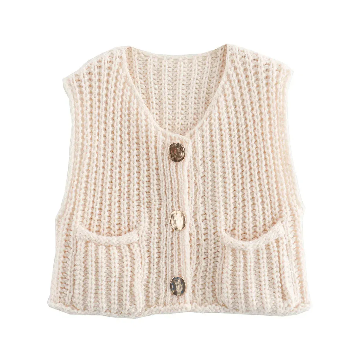 Black Friday JazzHer Fashion Sleeveless Knitted Cardigan Vests For Women Autumn New Short Sweater Button With Pockets Solid Color Knitted Top