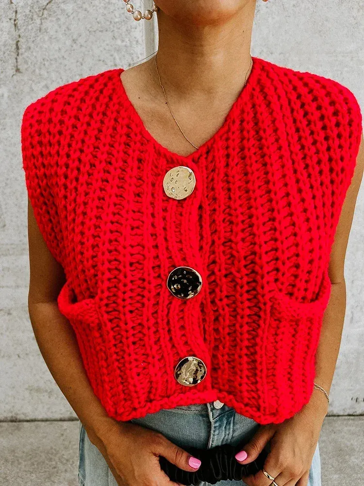Black Friday JazzHer Fashion Sleeveless Knitted Cardigan Vests For Women Autumn New Short Sweater Button With Pockets Solid Color Knitted Top