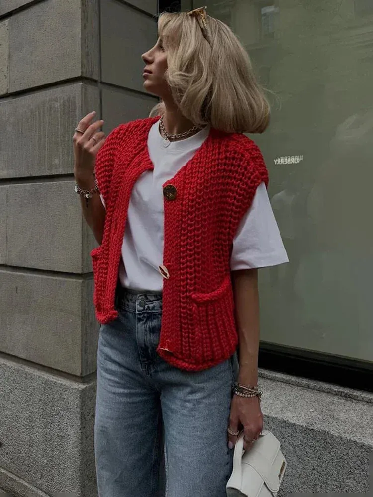 Black Friday JazzHer Fashion Sleeveless Knitted Cardigan Vests For Women Autumn New Short Sweater Button With Pockets Solid Color Knitted Top