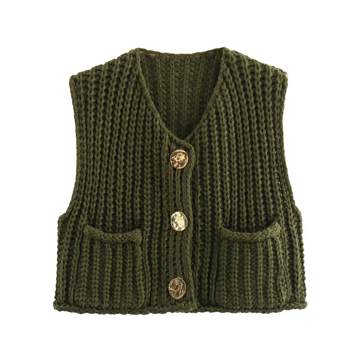 Black Friday JazzHer Fashion Sleeveless Knitted Cardigan Vests For Women Autumn New Short Sweater Button With Pockets Solid Color Knitted Top
