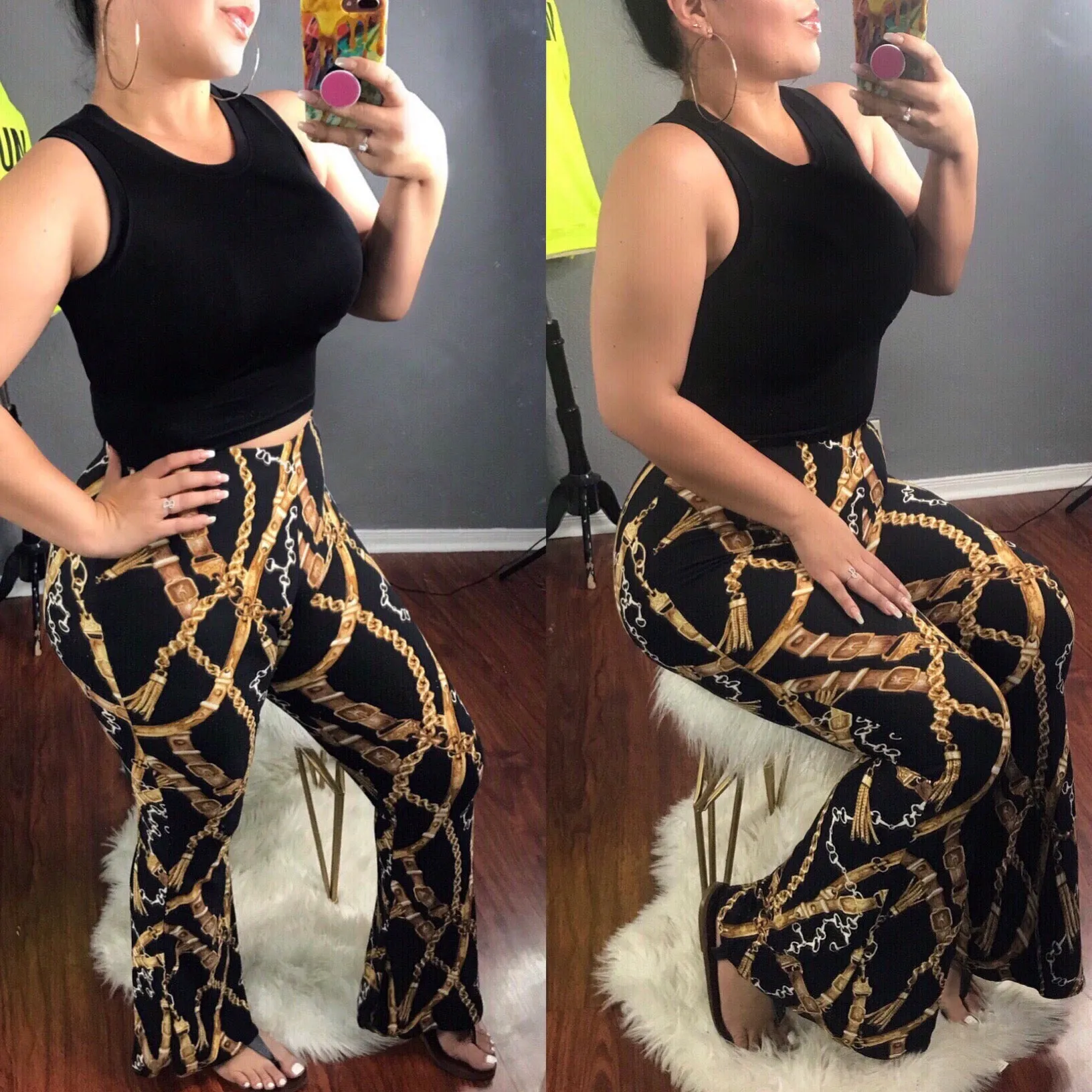 Black/Gold Print Flare Pants