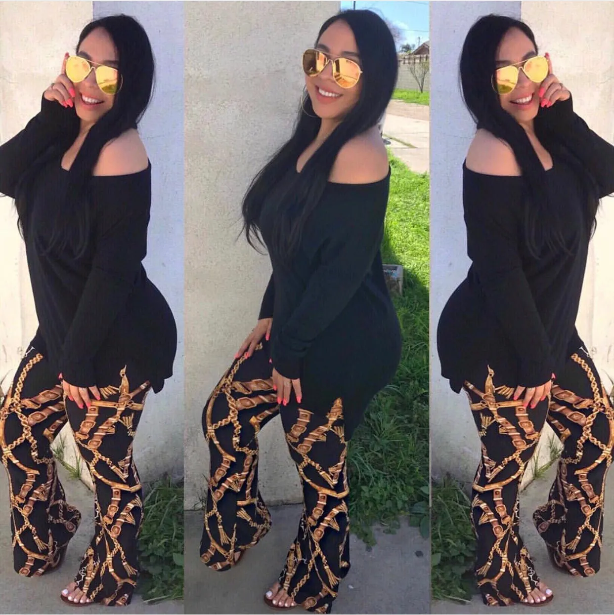 Black/Gold Print Flare Pants