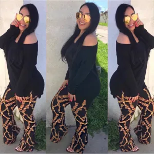 Black/Gold Print Flare Pants