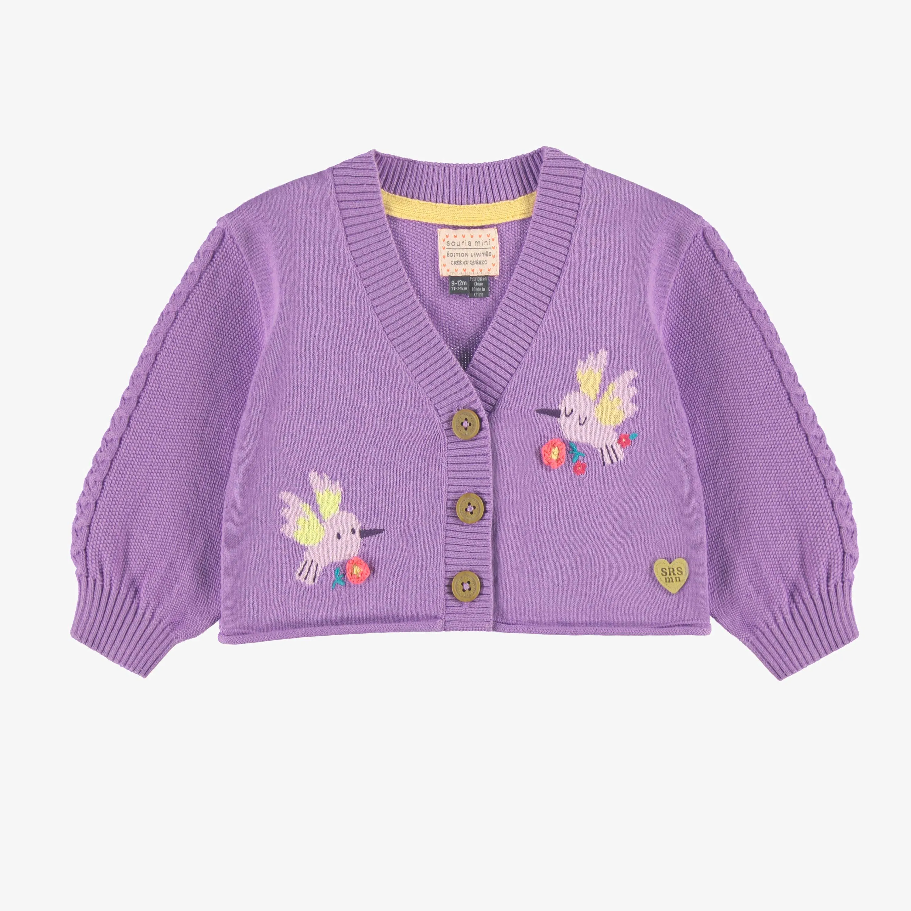 Cardigan de tricot mauve avec colibris, bébé||Purple knitted cardigan with hummingbirds, baby