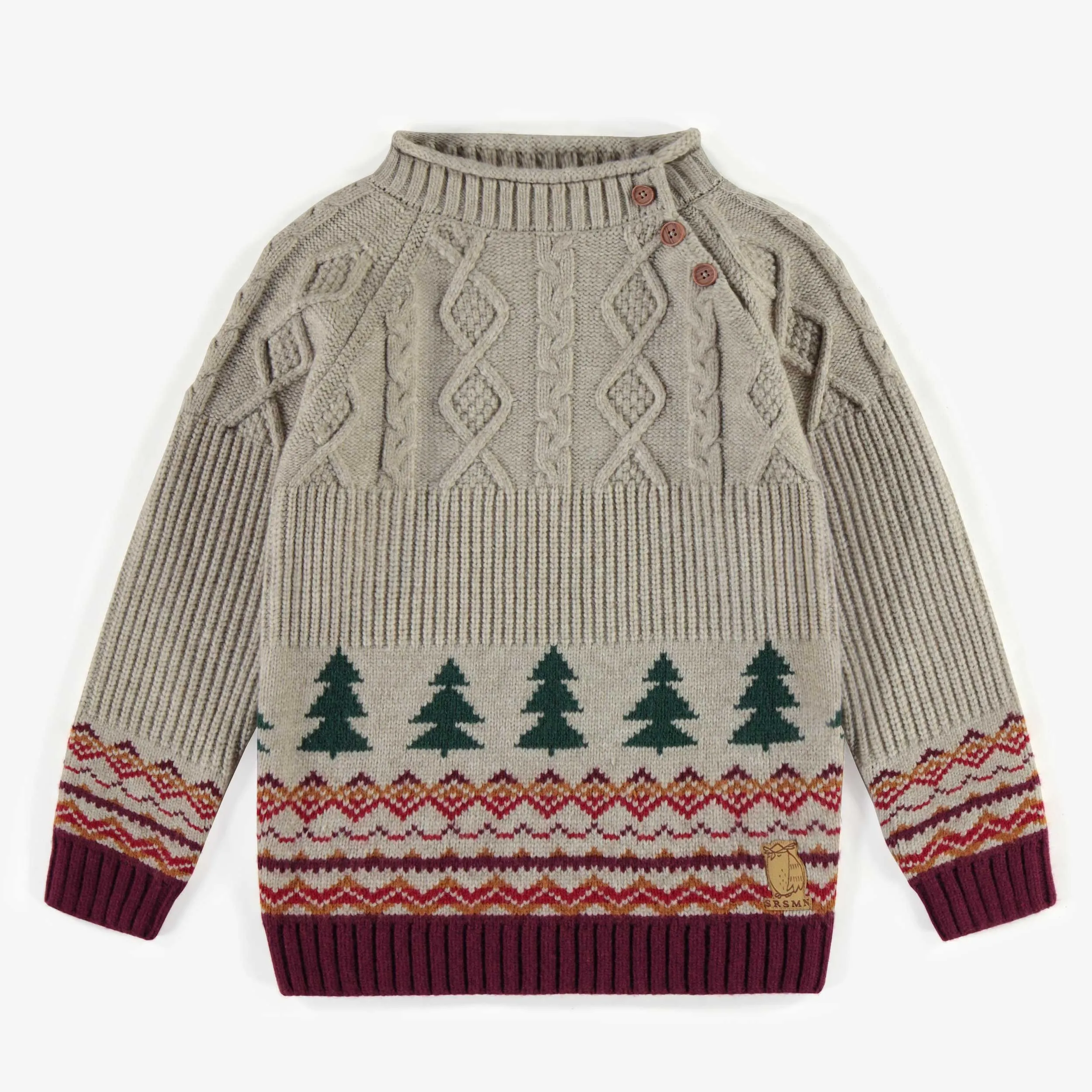 Chandail de maille beige à col montant, enfant || Beige knitted sweater with high collar, child