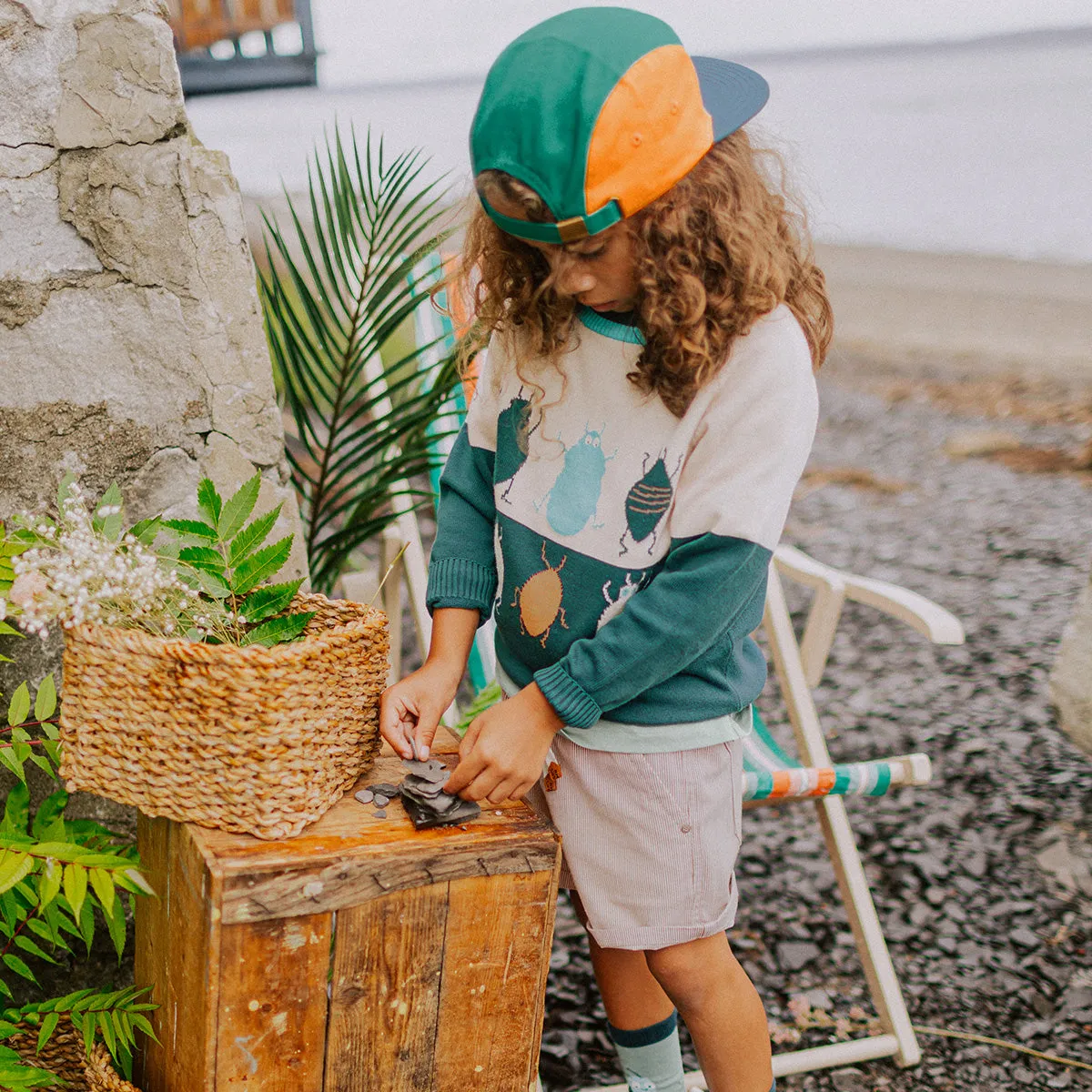 Chandail de maille à manches longue vert et crème à motif jacquard insecte, enfant || Long sleeves knitted sweater in green and cream with insect jacquard pattern, child