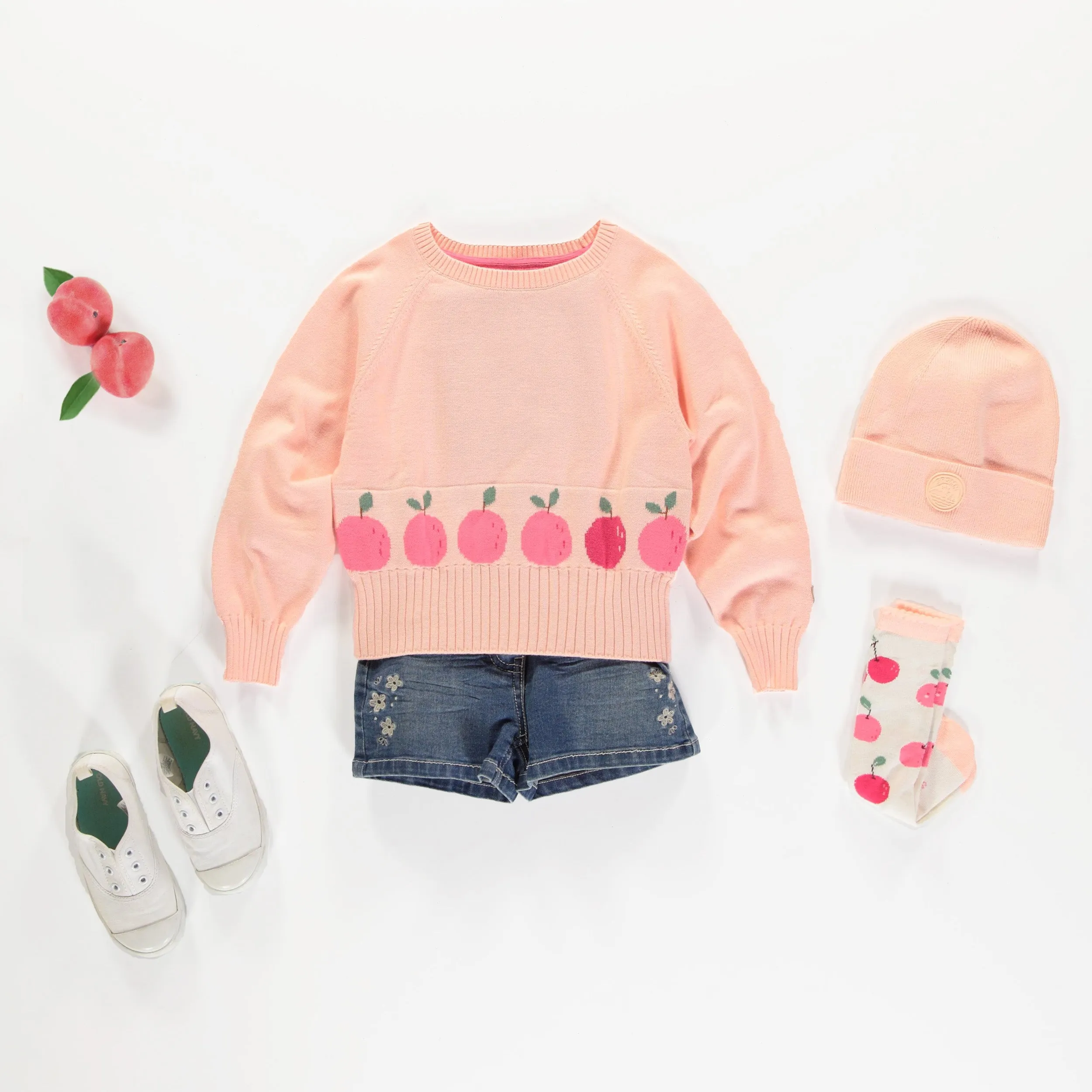 Chandail de maille manches longues pêche motif jacquard fruité, Enfant || Peach long sleeve knitted sweater fruity jacquard pattern, Child