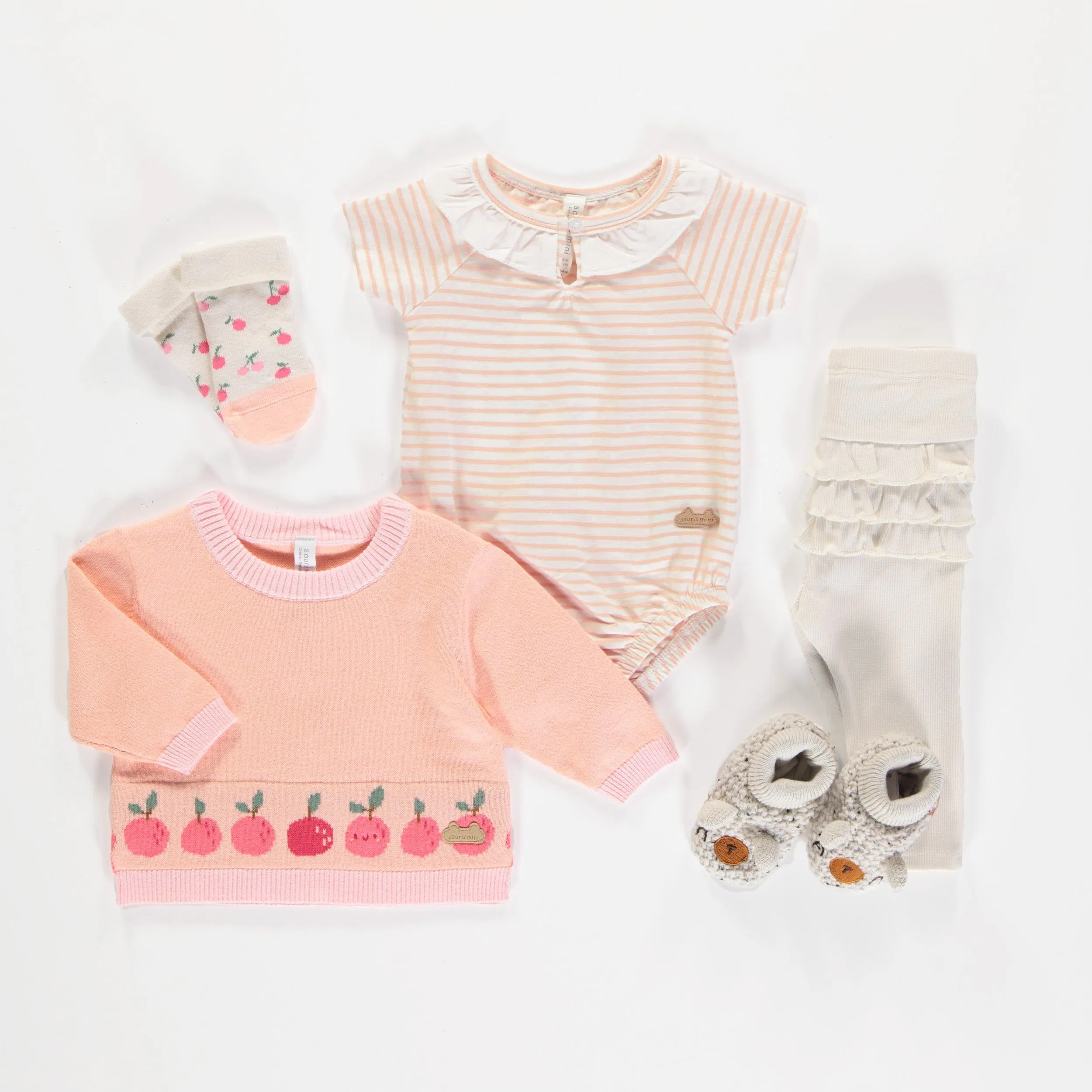Chandail de maille manches longues pêche motif jacquard fruité, naissance || Long sleeve knitted sweater peach fruity jacquard pattern, newborn