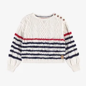 Chandail en tricot crème à rayures, enfant || Cream striped knitted sweater, child