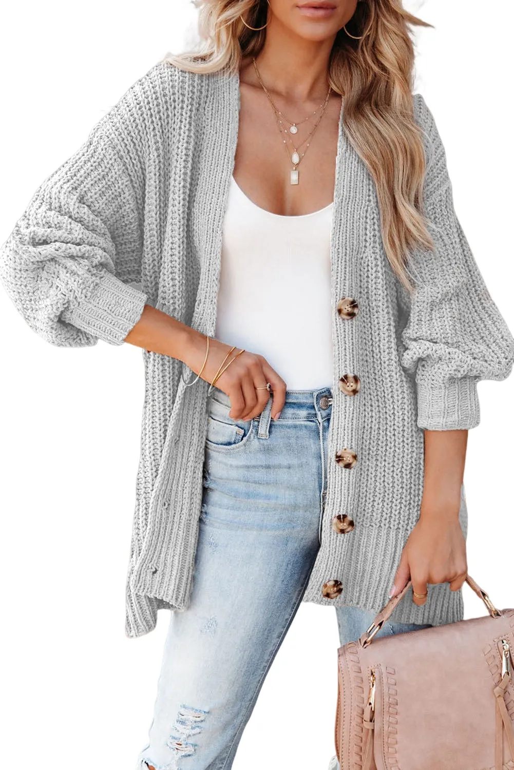 Gray Buttoned Front Drop Shoulder Knitted Cardigan