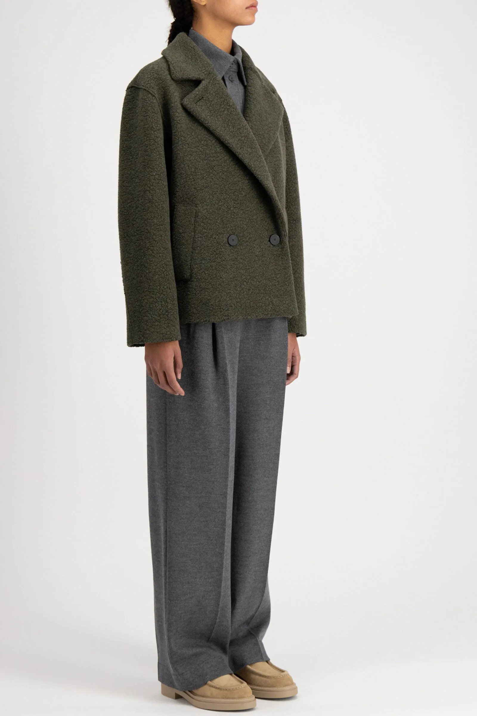 Harris Wharf Outdoor Boucle Jacket in Moss Green
