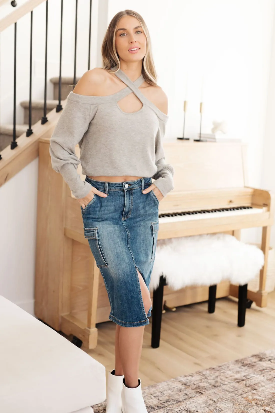 High Rise Denim Cargo Skirt