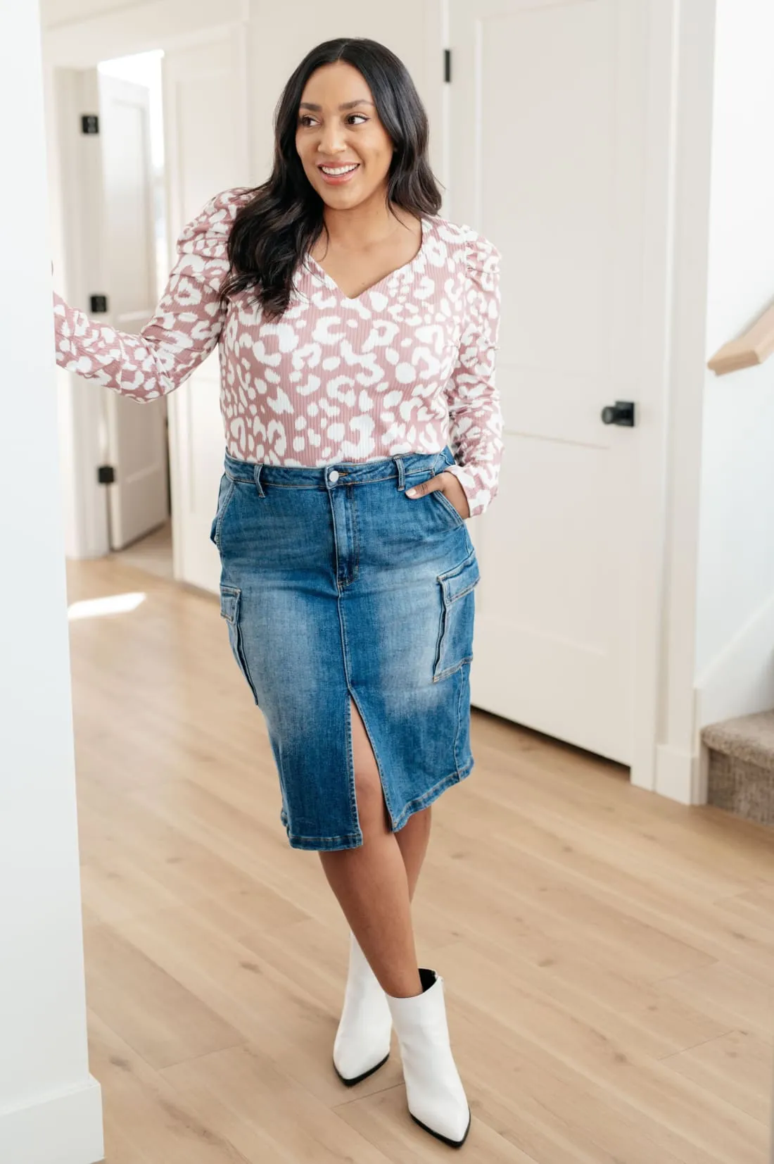 High Rise Denim Cargo Skirt