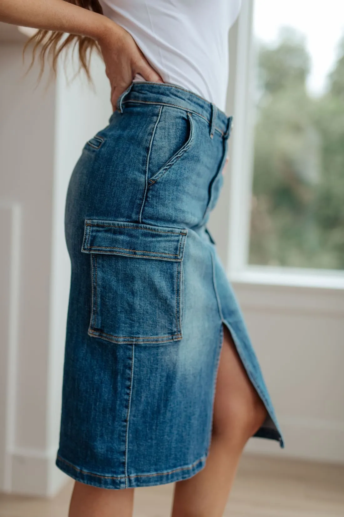 High Rise Denim Cargo Skirt