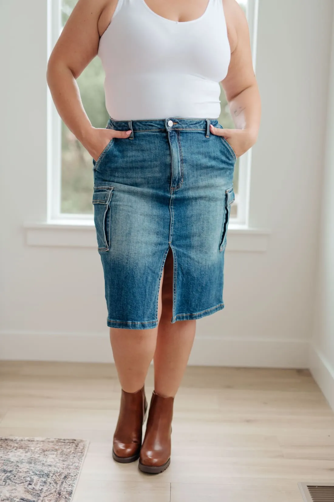 High Rise Denim Cargo Skirt