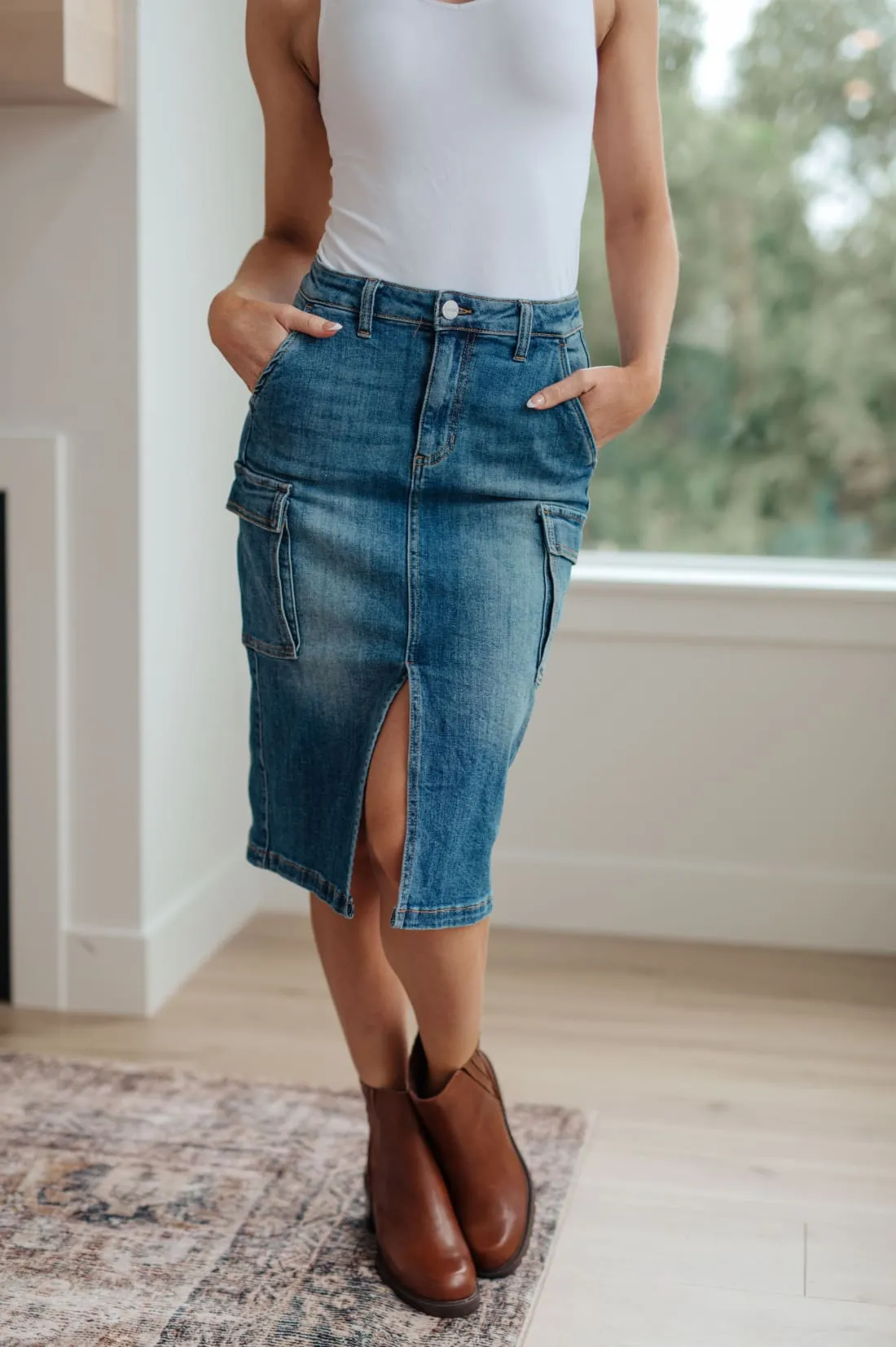 High Rise Denim Cargo Skirt