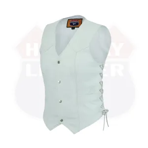 HL14501WHITE White Leather - Women motorcycle Vest Biker Club Concealed Carry