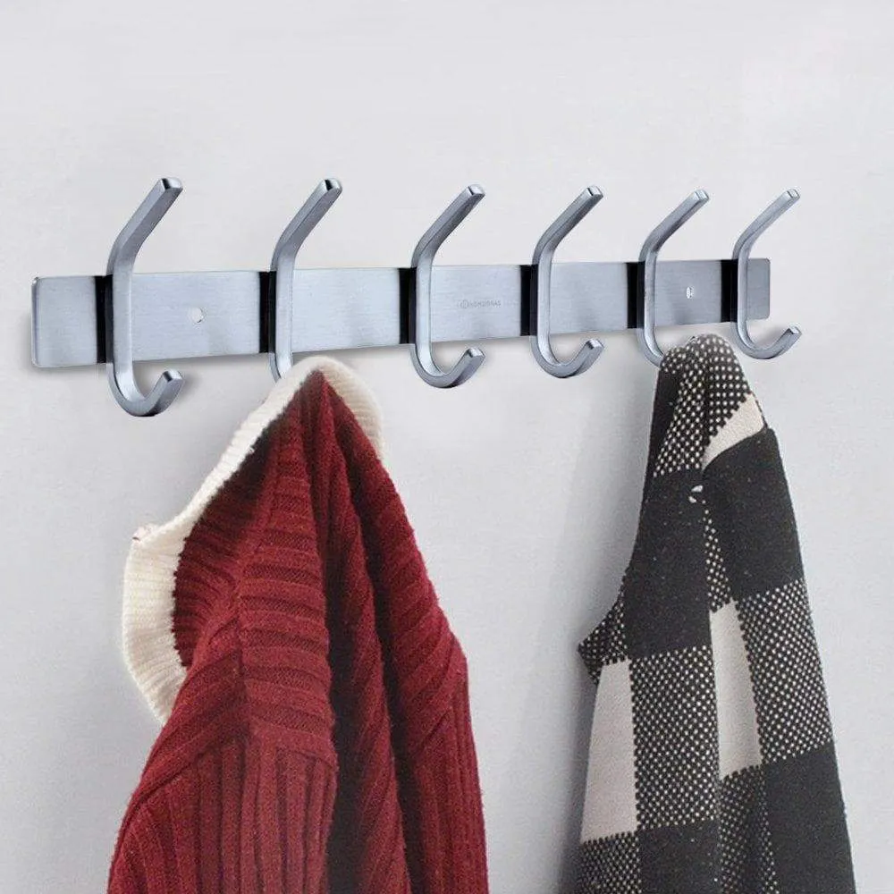 HOMEIDEAS 17-Inch Coat Hook Rail SUS304 Stainless Steel Coat Bath Towel Hook Hanger with Heavy Duty Double 6 Hooks,Brushed Finish