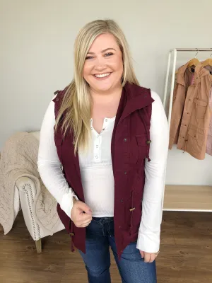 Hooded Button Up Vest- Burgundy
