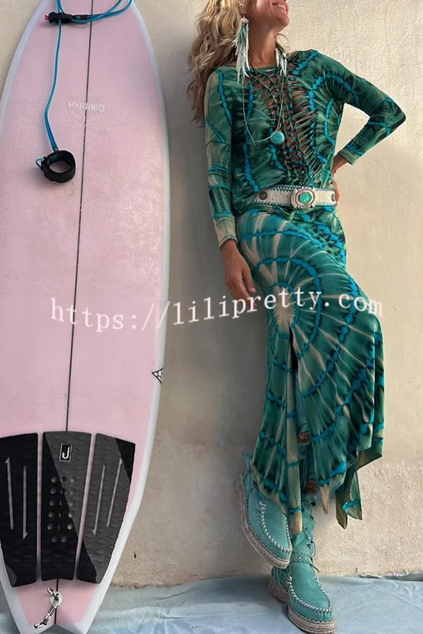 Lilipretty Giulia Tie-dye Print High Rise Stretch Slit Skirt