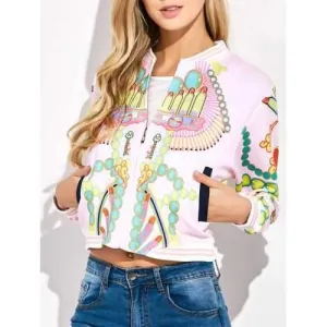 Lipstick 3D Print Cropped Bomber Jacket - Light Pink S