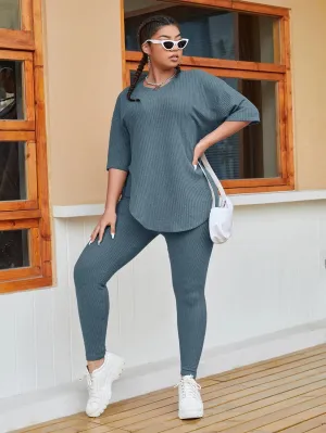 New SHEIN EZwear Plus Solid Drop Shoulder Waffle Knit Top & Leggings in dusty blue, sz 2X!