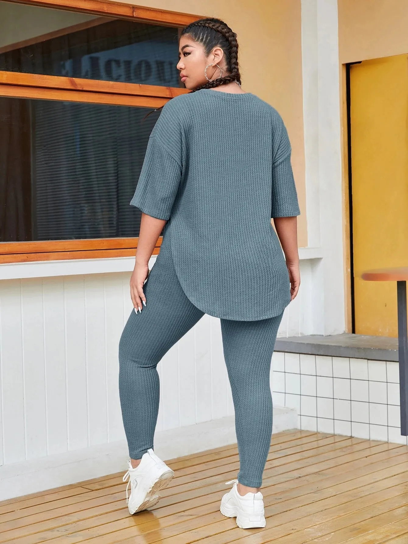 New SHEIN EZwear Plus Solid Drop Shoulder Waffle Knit Top & Leggings in dusty blue, sz 2X!