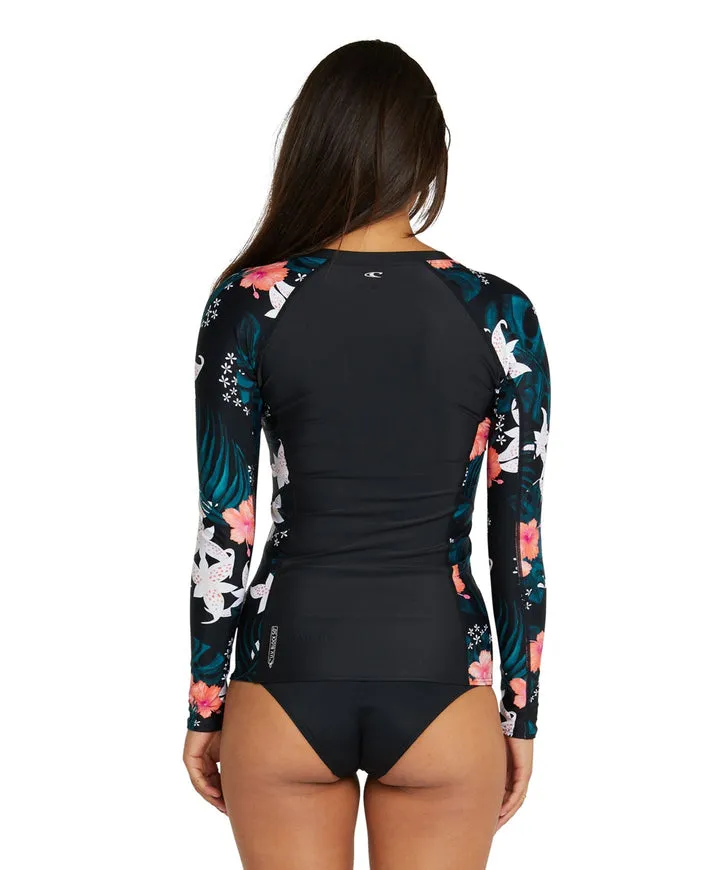 O'NEILL BAHIA FRONT ZIP LS RASH VEST BLACK HIBISCUS