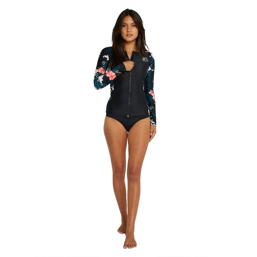 O'NEILL BAHIA FRONT ZIP LS RASH VEST BLACK HIBISCUS