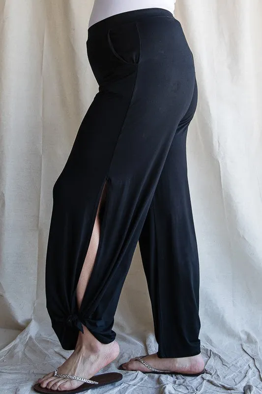Split Side Tied Hem Pants in Black