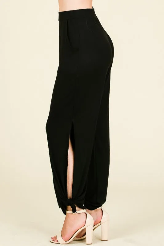 Split Side Tied Hem Pants in Black