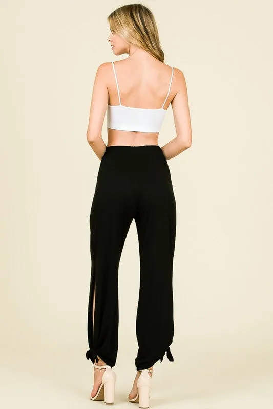 Split Side Tied Hem Pants in Black